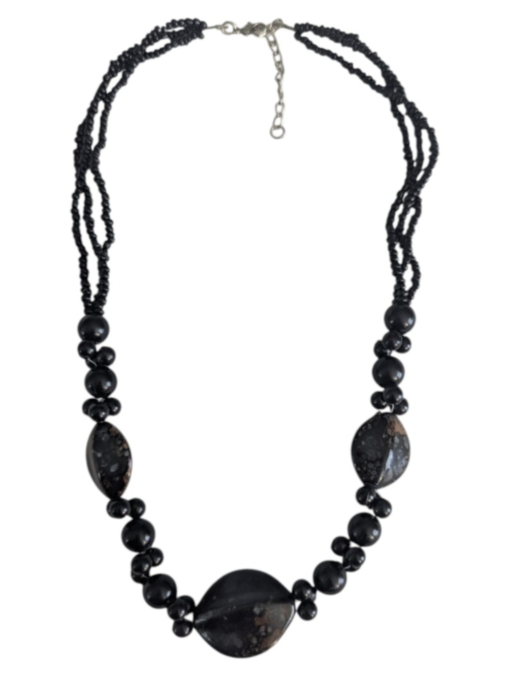VTG Artisan Black & Black Brown Marbized Beaded Silver Tone Adjustable Necklace